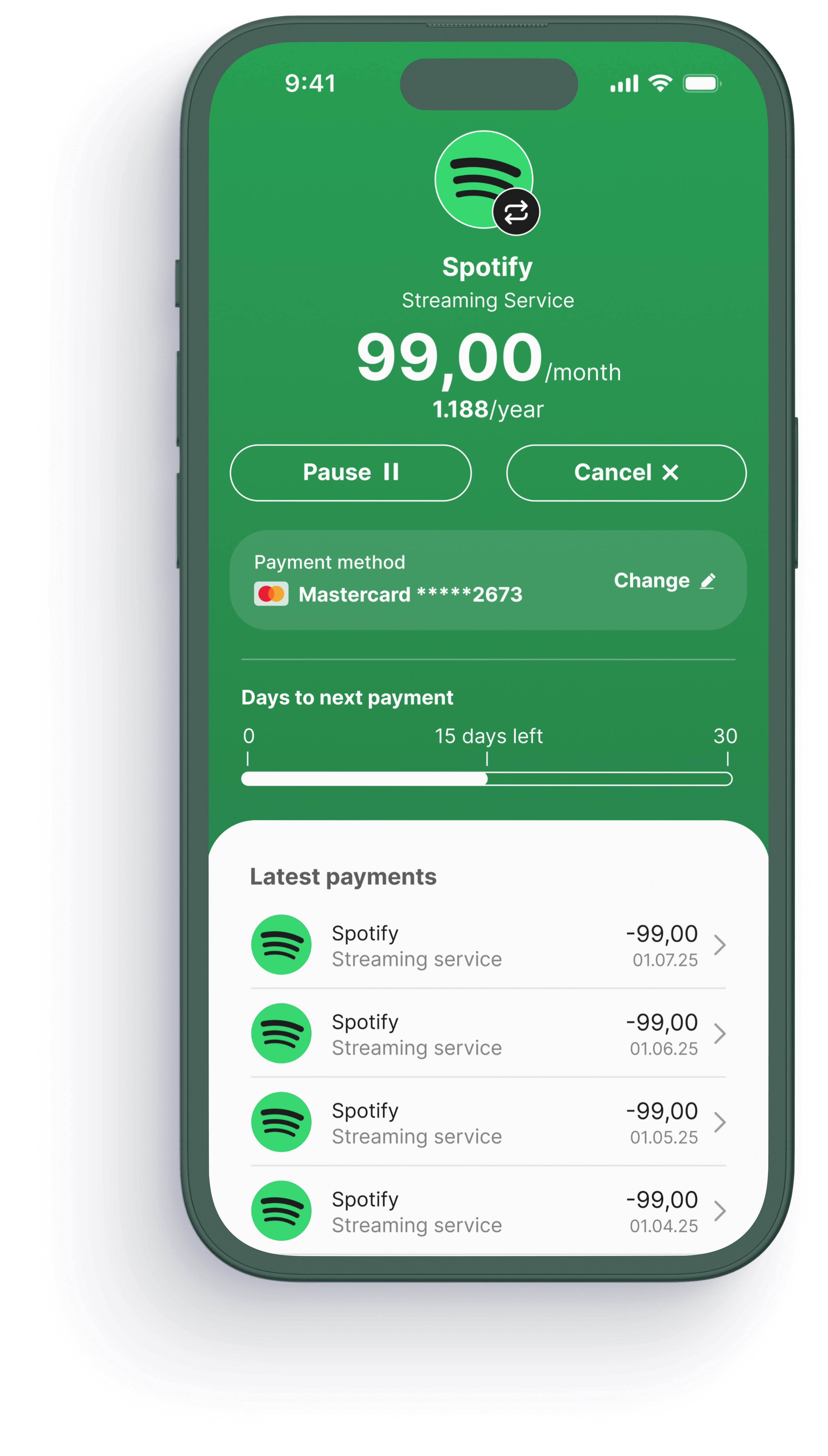 Subscription management mobile screen